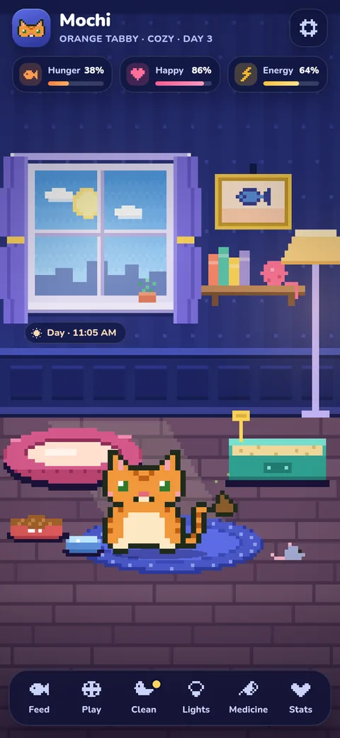 The cozy room by day with an orange tabby on the rug
