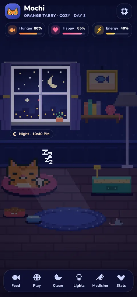 Night: the cat sleeps in its bed with the lights off